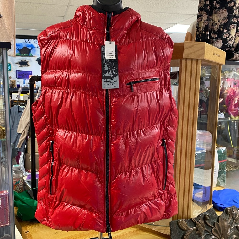 Robert Phillipe red hooded puffer vest. Brand new w tags.